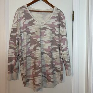 Z Supply Camouflage V Neck Sweatshirt Top Pink Taupe Beige Women's Size S